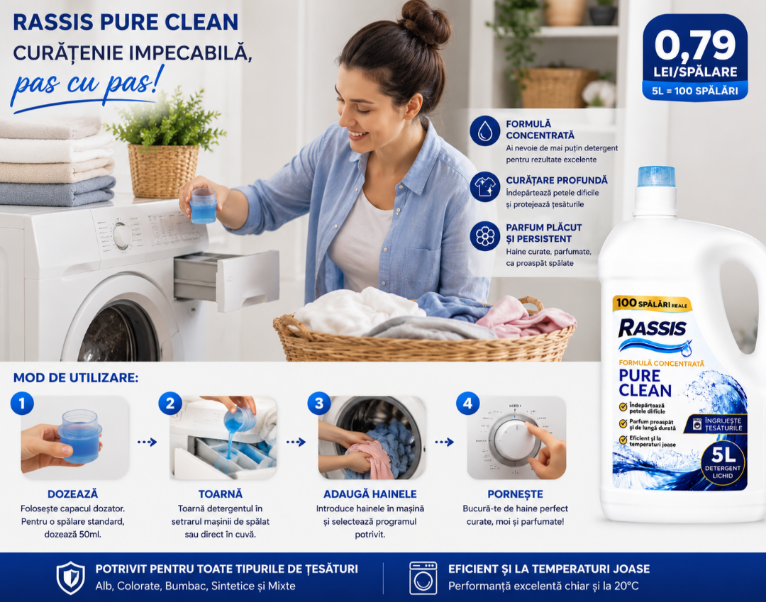 Detergent Lichid RASSIS Pure Clean 5L – 100 Spălări, Curățare Intensă & Parfum Persistent