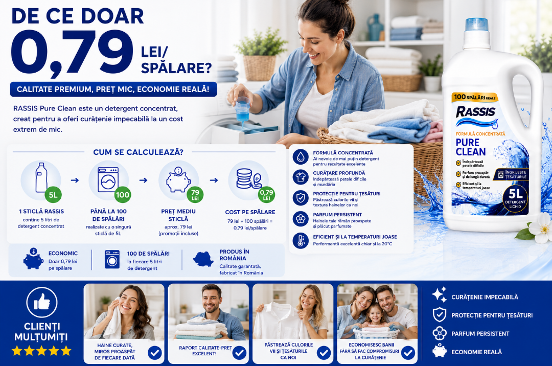 Detergent Lichid RASSIS Pure Clean 5L – 100 Spălări, Curățare Intensă & Parfum Persistent