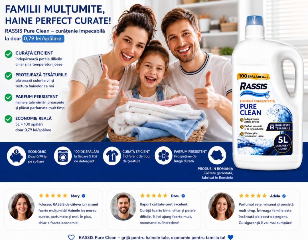 Detergent Lichid RASSIS Pure Clean 5L – 100 Spălări, Curățare Intensă & Parfum Persistent