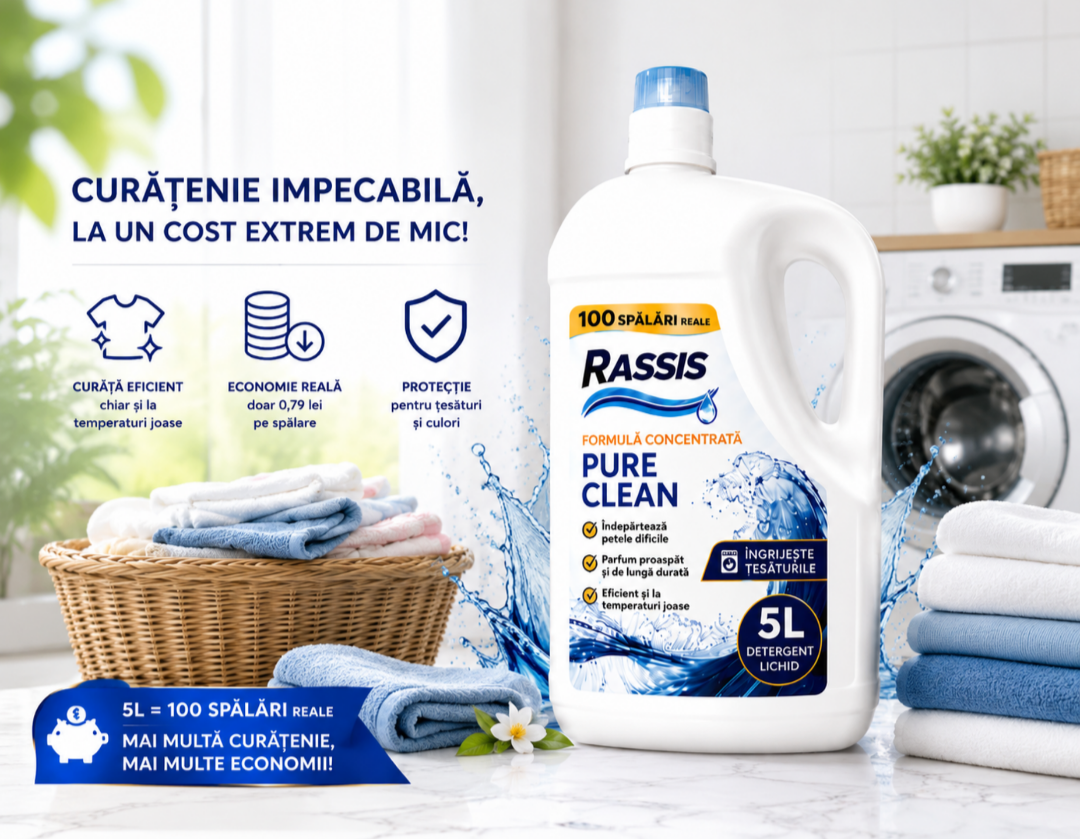 Detergent Lichid RASSIS Pure Clean 5L – 100 Spălări, Curățare Intensă & Parfum Persistent