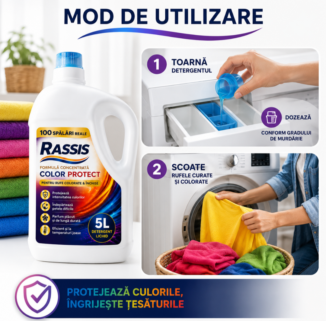 Detergent Lichid RASSIS Color Protect 5L – 100 Spălări Reale, Curățare Puternică & Protecție Intensă a Culorilor
