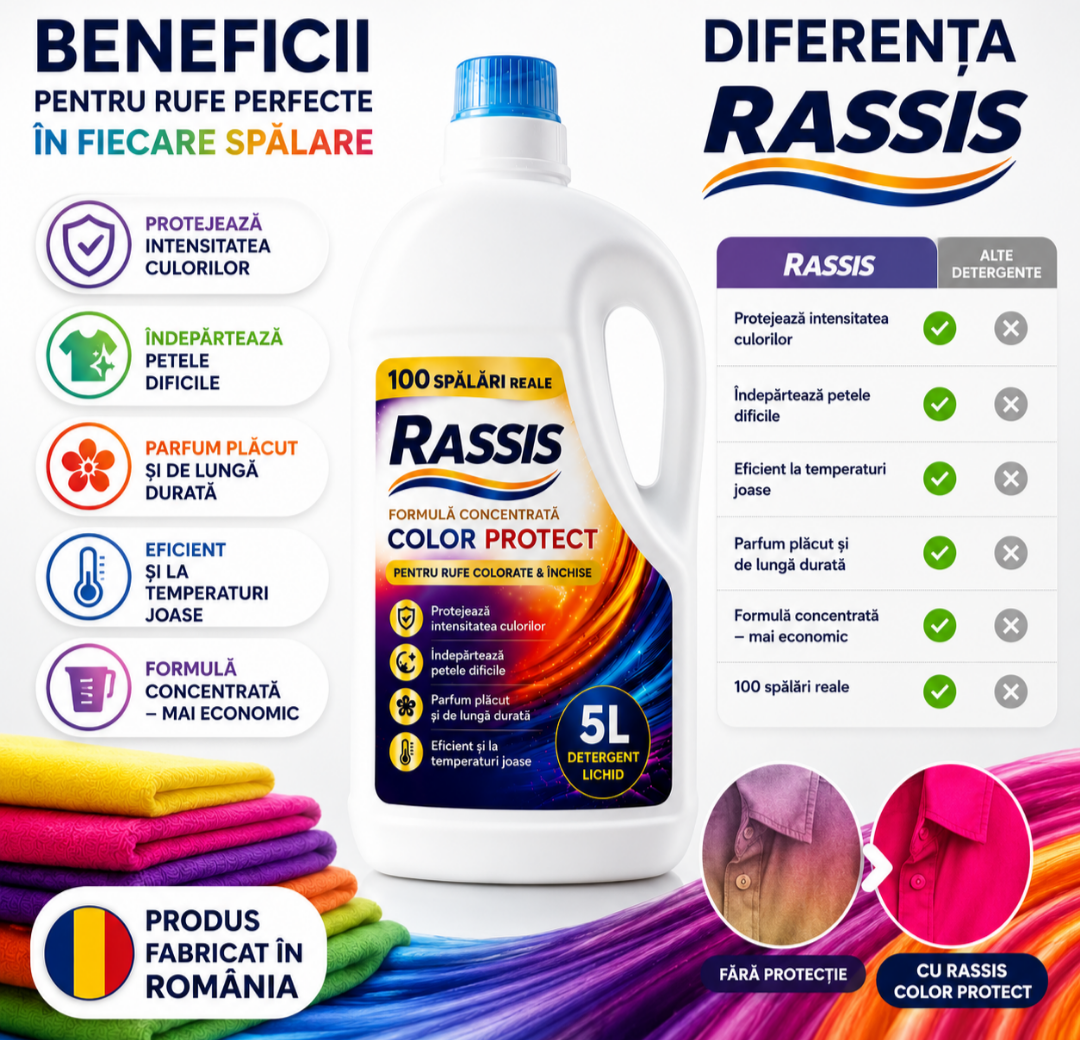 Detergent Lichid RASSIS Color Protect 5L – 100 Spălări Reale, Curățare Puternică & Protecție Intensă a Culorilor