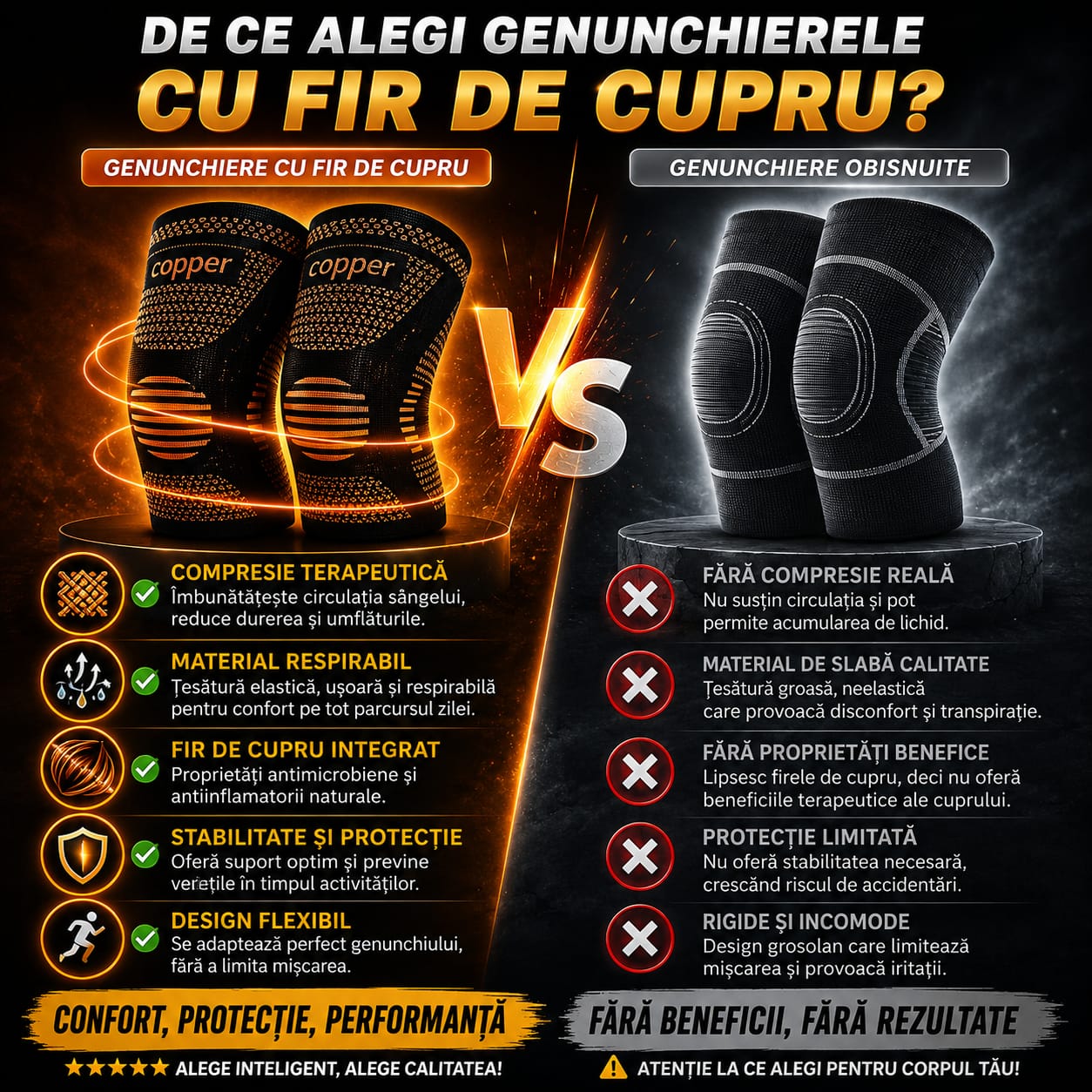 2 PERECHI Genunchiere cu insertie de Cupru – Compresie Elastică pentru Susținerea Genunchilor