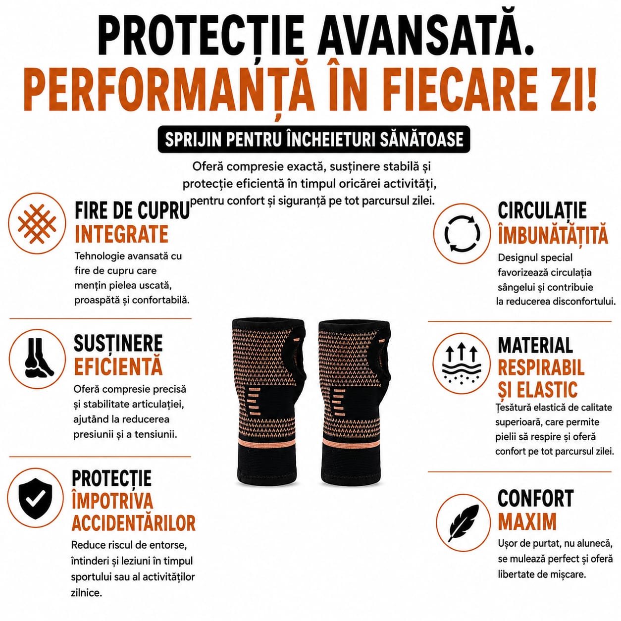 2 PERECHI Orteză Compresivă cu insertie de cupru  pentru Încheietura Mâinii , Suport pentru Tunel Carpian, Tendinită și Entorse, Material Elastic și Respirabil, Negru