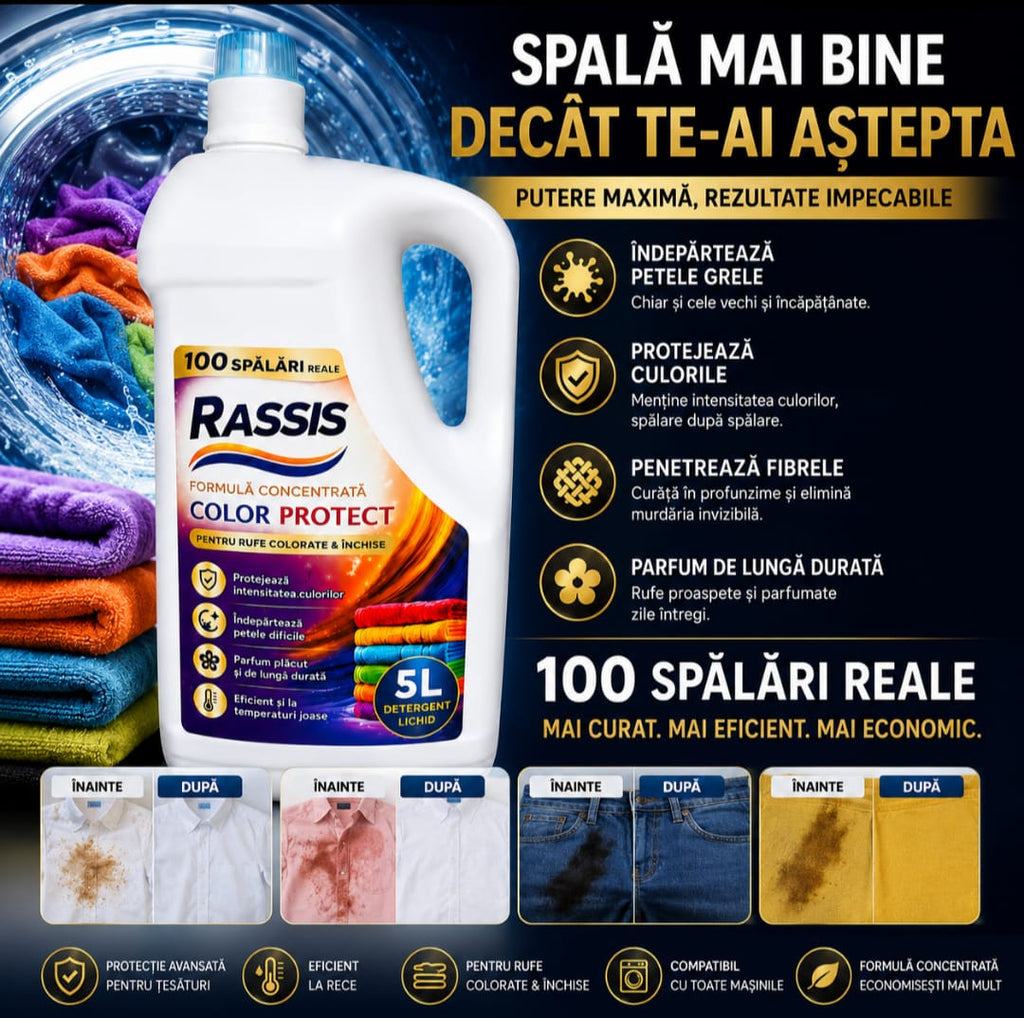 Detergent Lichid RASSIS Color Protect 5L – 100 Spălări Reale, Curățare Puternică & Protecție Intensă a Culorilor