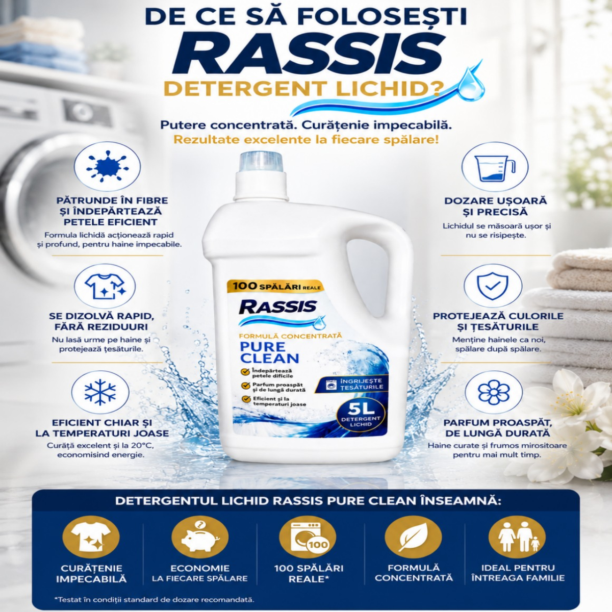 Detergent Lichid RASSIS Pure Clean 5L – 100 Spălări, Curățare Intensă & Parfum Persistent