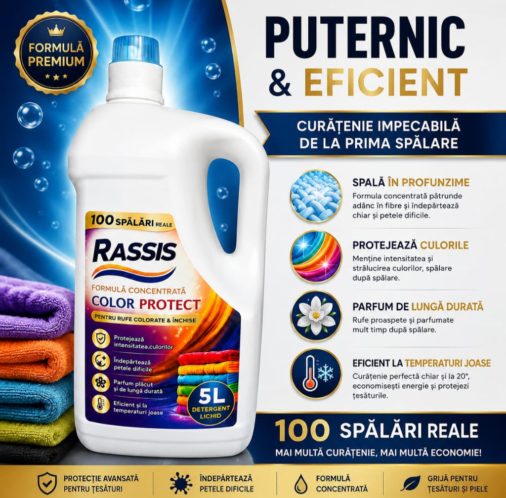 Detergent Lichid RASSIS Color Protect 5L – 100 Spălări Reale, Curățare Puternică & Protecție Intensă a Culorilor