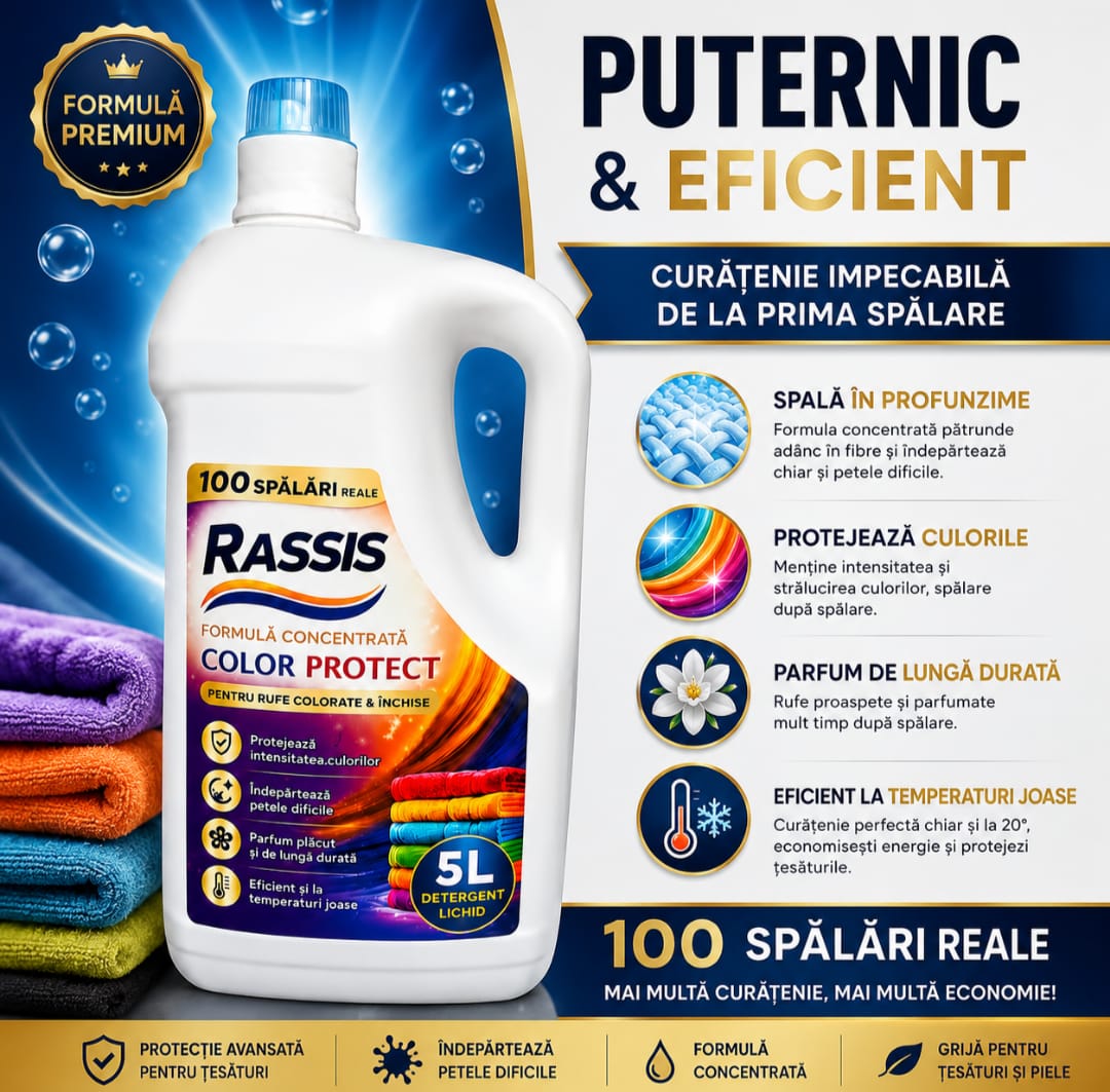 Detergent Lichid RASSIS Color Protect 5L – 100 Spălări Reale, Curățare Puternică & Protecție Intensă a Culorilor